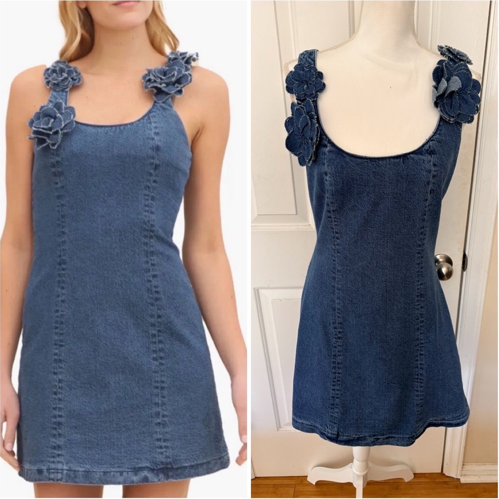 Avec Les Filles Denim Mini Dress with Floral Strap Accents - Blue